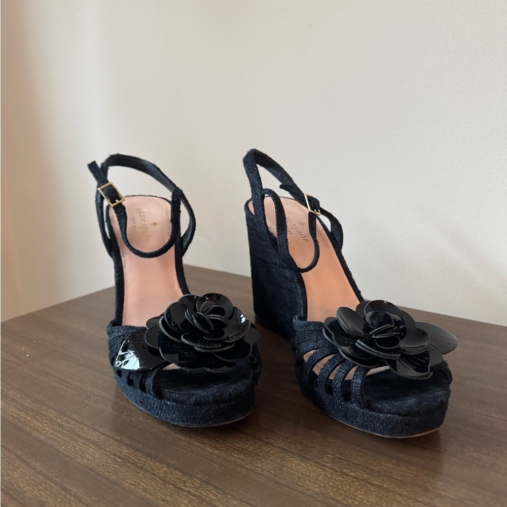 Kate Spade Black Silk Beekman Floral Wedge Sandal - size 9M